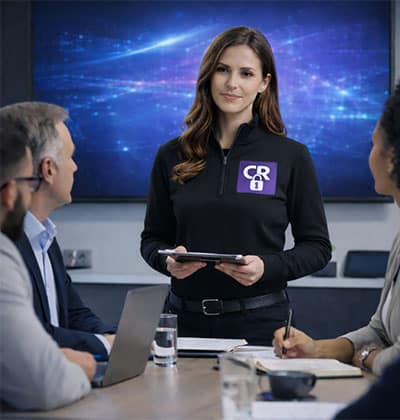 Woman presenting to colleagues in a meeting room.